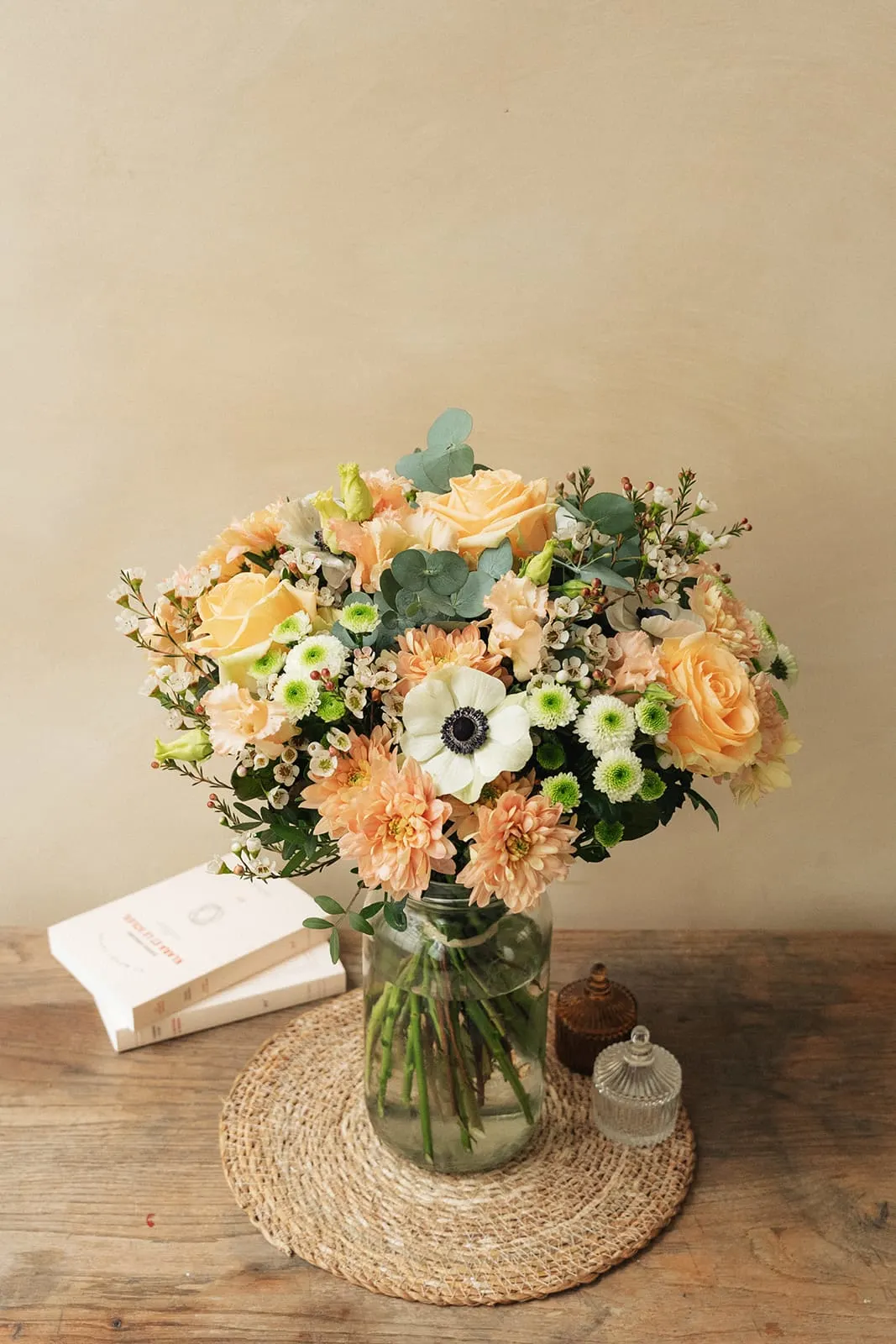 Peach and white bouquet on a table