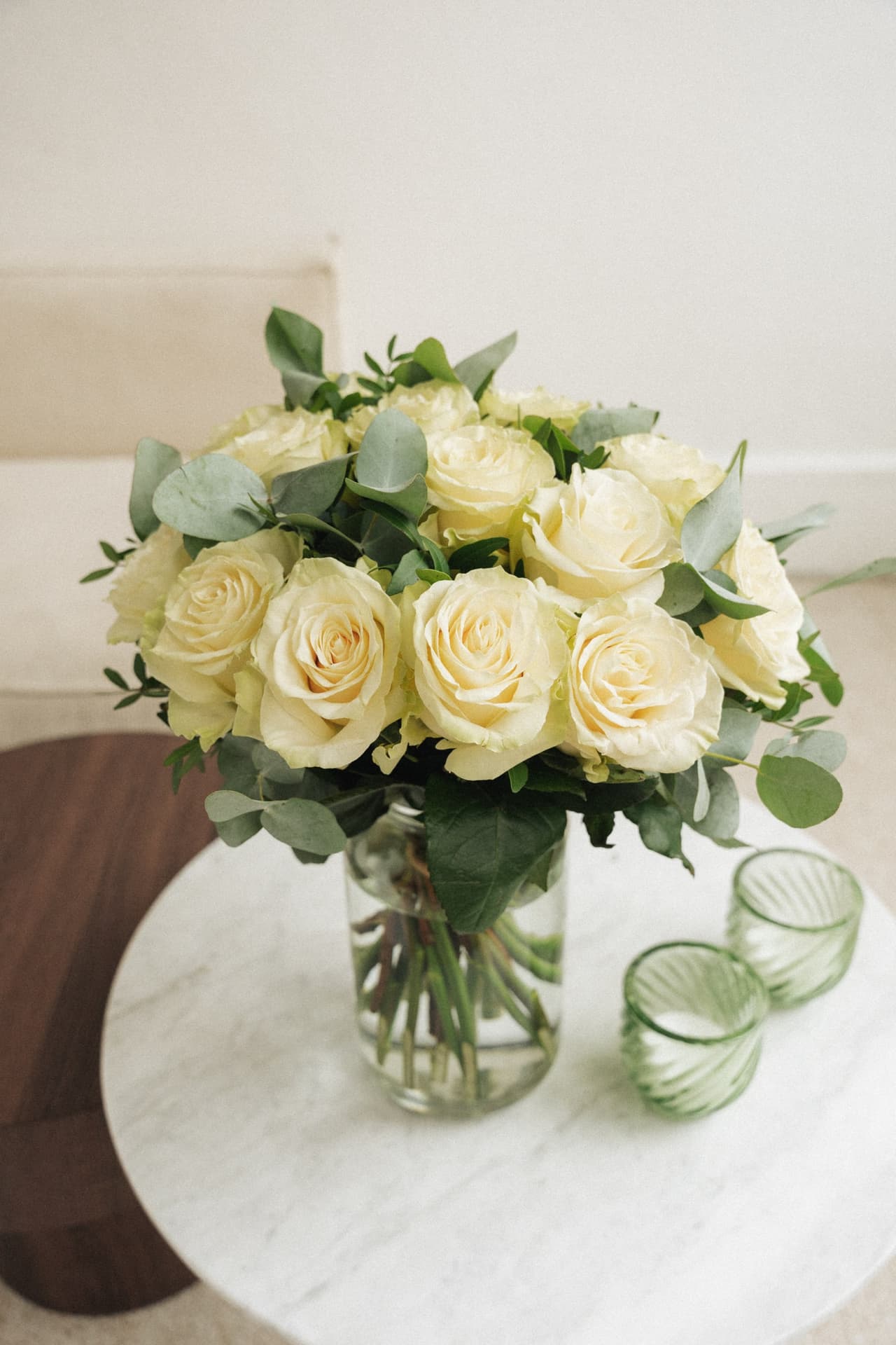 White Rena rose bouquet in a vase